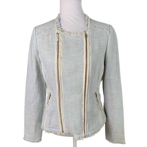 Sundance Sz 10 Cotton Tweed Blazer Jacket Blue Ivory Full Zip Raw Fringe Pockets - Picture 2 of 9